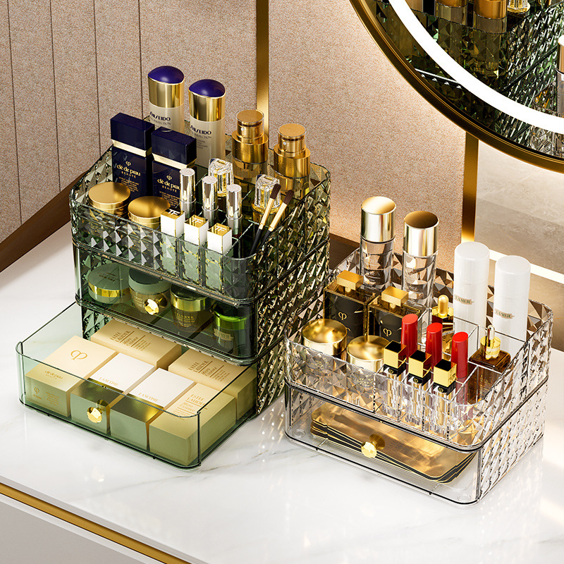 Luxury Skincare Box - กล่องเก็บเครื่องสำอางลายเพชร ดีไซน์หรูหรา ความจุขนาดใหญ่ ชั้นวางบนโต๊ะ สไตล์หรูหราเบาๆ สำหรับเก็บผลิตภัณฑ์ดูแลผิวและลิปสติก