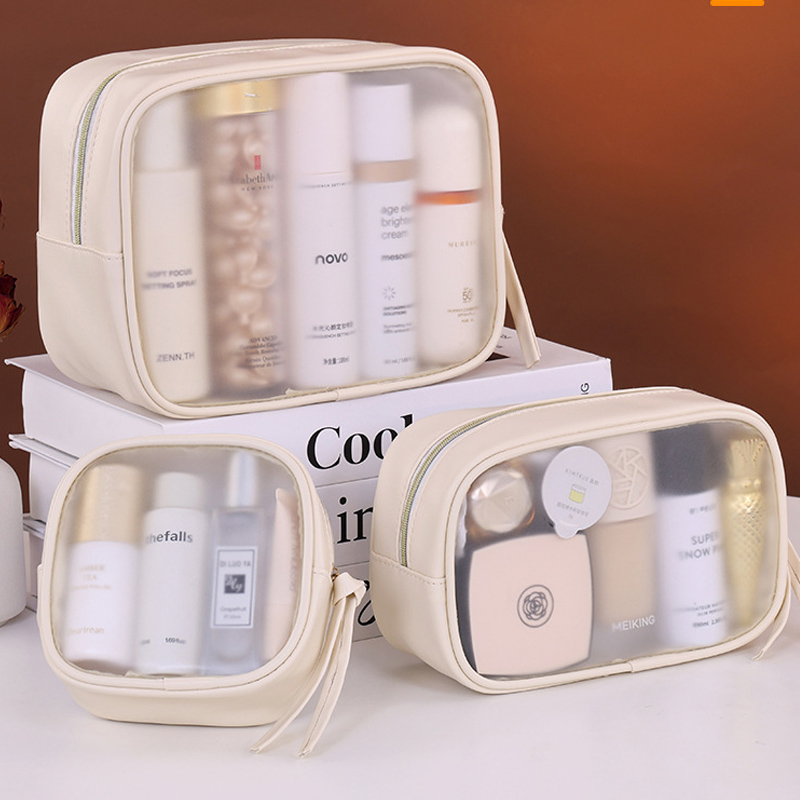 Luxury Skincare Box - กระเป๋าเครื่องสำอาง PVC แบบด้านกึ่งโปร่งใส - กระเป๋าจัดระเบียบเครื่องสำอางสุดหรูขนาดใหญ่, กระเป๋าใส่ของใช้จำเป็นสำหรับการเดินทางของผู้หญิง
