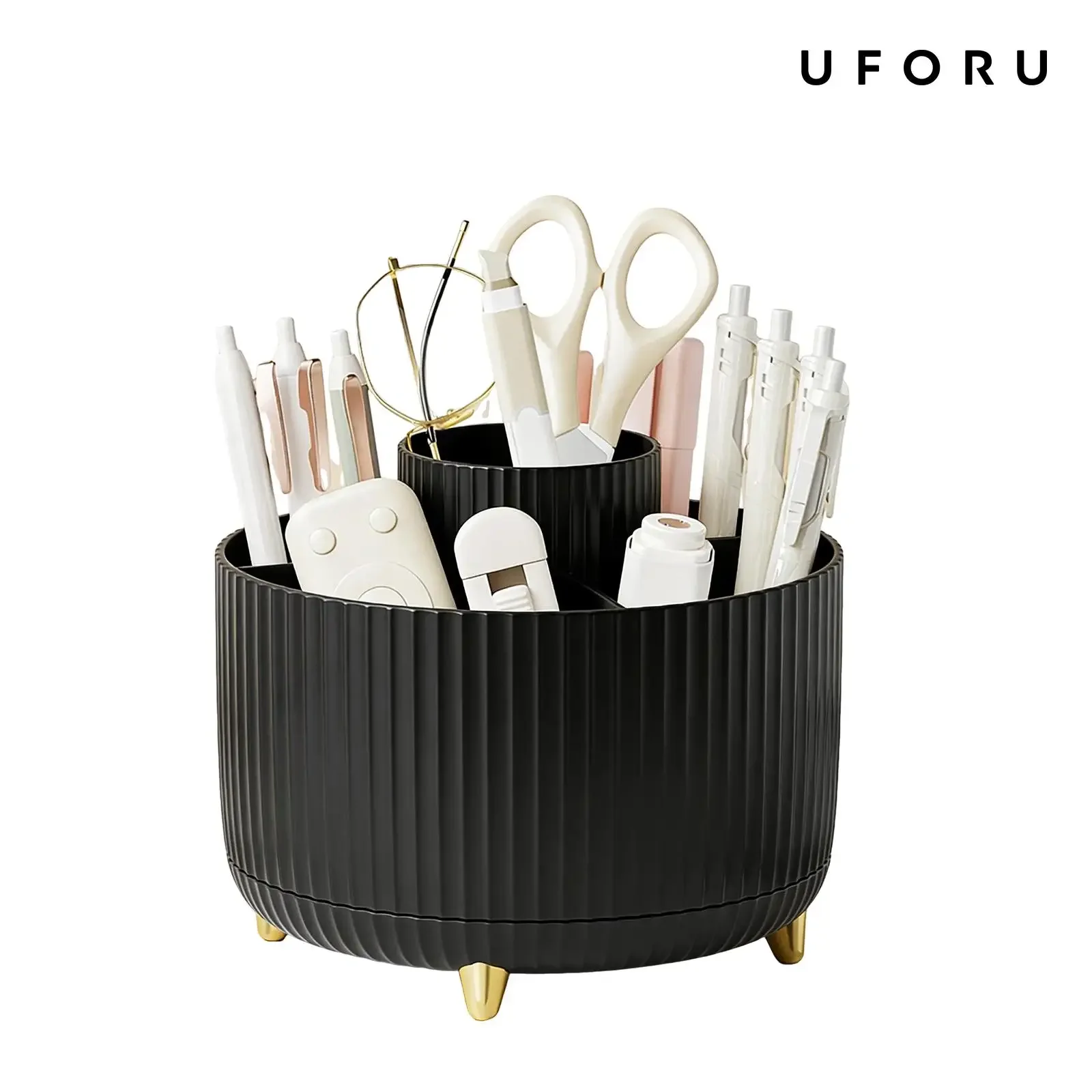 Luxury Skincare Box - กล่องเก็บเครื่องสำอางหมุนได้ 360 องศา ลายทางหรูหรา พร้อมช่องเก็บ 5