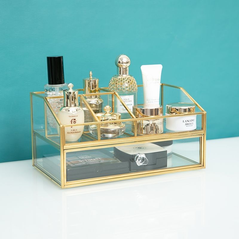 Luxury Skincare Box - กล่องเก็บเครื่องสำอางแก้วสไตล์นอร์ดิกสุดหรู สำหรับวางบนโต๊ะเครื่องแป้ง ใส่ผลิตภัณฑ์ดูแลผิว น้ำหอม พร้อมลิ้นชัก แบบพนมเปญ